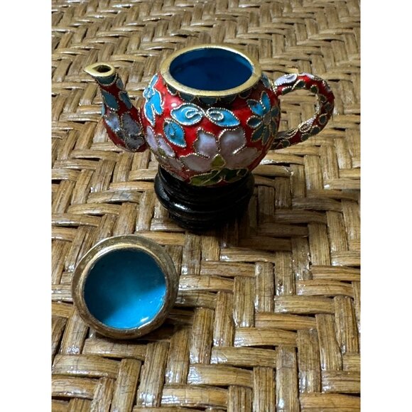 Miniature Cloisonné Enamel Teapot With Stand  Floral Design  Blue Interi… - Picture 5 of 11